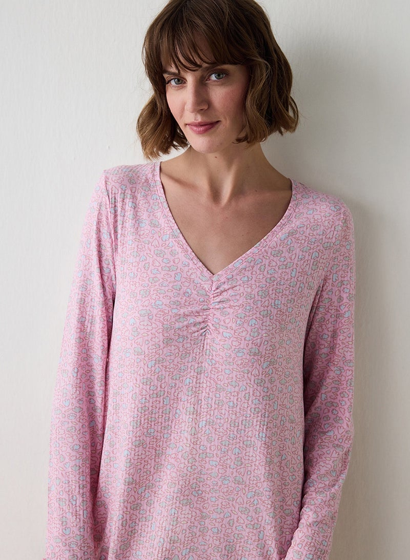 بنتي قميص نوم طويل بأكمام طويلة بنقش زهري - Image 2